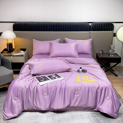 创优 2025新款水洗真丝滚边夏被四件套 丁香紫