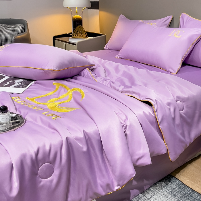 91家纺网 家纺一手货源 找家纺 创优 2025新款水洗真丝滚边夏被四件套 丁香紫