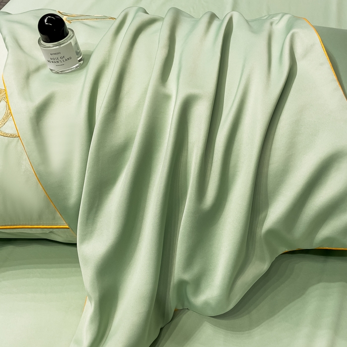 91家纺网 家纺一手货源 找家纺 创优 2025新款水洗真丝滚边夏被四件套 抹茶绿