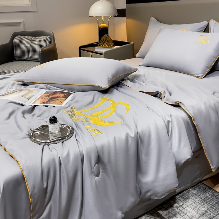 91家纺网 家纺一手货源 找家纺 创优 2025新款水洗真丝滚边夏被四件套 高级灰