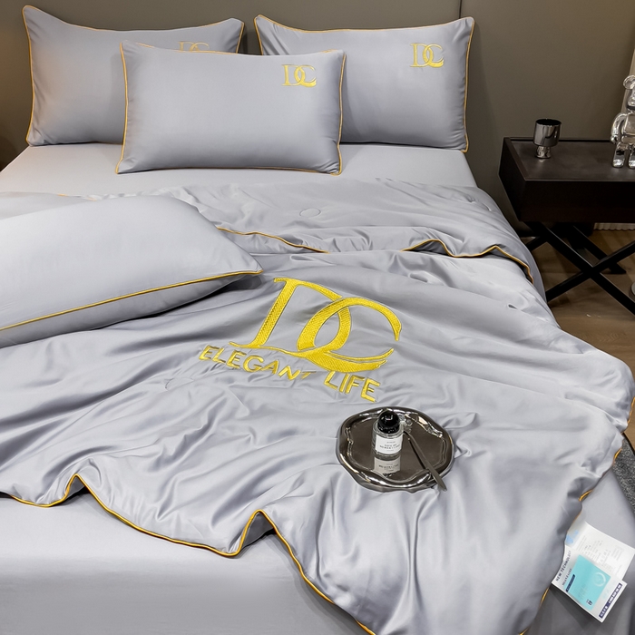 91家纺网 家纺一手货源 找家纺 创优 2025新款水洗真丝滚边夏被四件套 高级灰