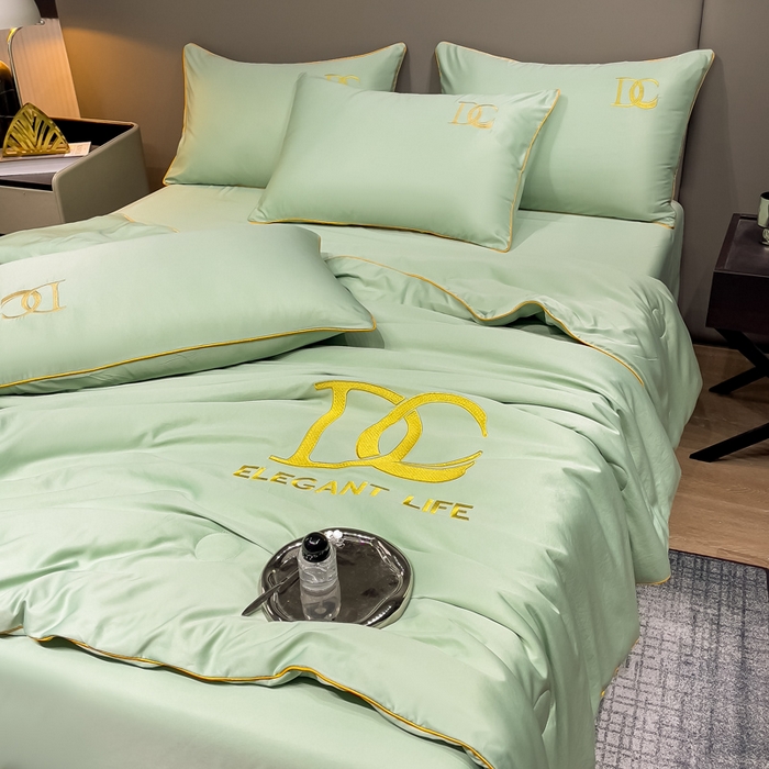 91家纺网 家纺一手货源 找家纺 创优 2025新款水洗真丝滚边夏被四件套 抹茶绿