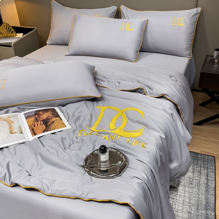 91家纺网 家纺一手货源 找家纺 创优 2025新款水洗真丝滚边夏被四件套 高级灰