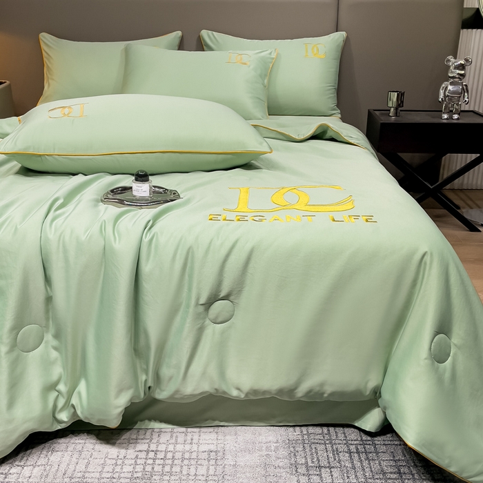 91家纺网 家纺一手货源 找家纺 创优 2025新款水洗真丝滚边夏被四件套 抹茶绿
