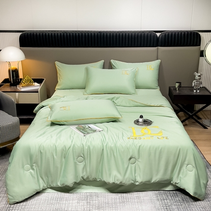 91家纺网 家纺一手货源 找家纺 创优 2025新款水洗真丝滚边夏被四件套 抹茶绿