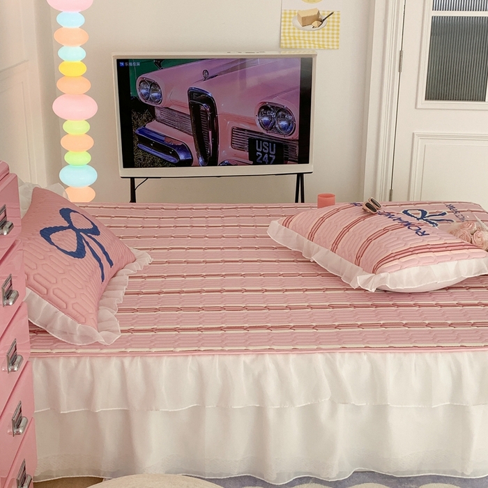 91家纺网 家纺一手货源 找家纺 昔可家纺 2023新款双层雪纺纱乳胶床裙 芭蕾少女蝴蝶结