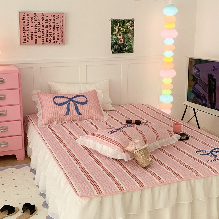 91家纺网 家纺一手货源 找家纺 昔可家纺 2023新款双层雪纺纱乳胶床裙 芭蕾少女蝴蝶结