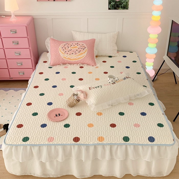 91家纺网 家纺一手货源 找家纺 昔可家纺 2023新款双层雪纺纱乳胶床裙 彩色波点