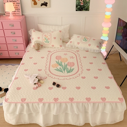 昔可家纺 2023新款双层雪纺纱乳胶床裙 粉爱心郁金香