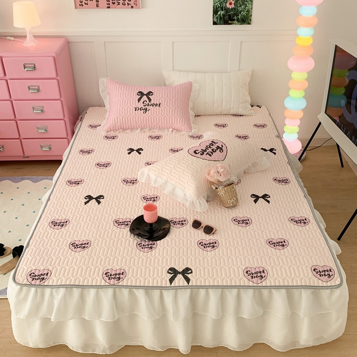 91家纺网 家纺一手货源 找家纺 昔可家纺 2023新款双层雪纺纱乳胶床裙 黑粉芭蕾少女心