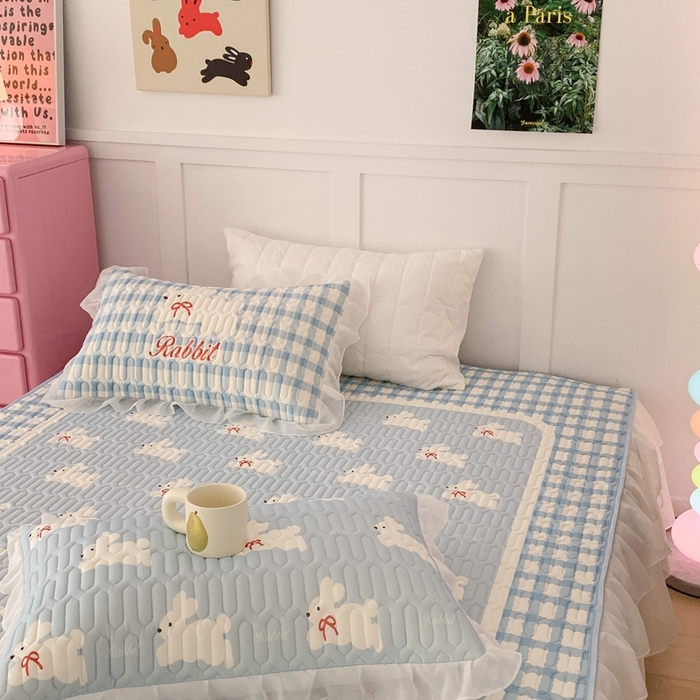 91家纺网 家纺一手货源 找家纺 昔可家纺 2023新款双层雪纺纱乳胶床裙 蝴蝶结小兔