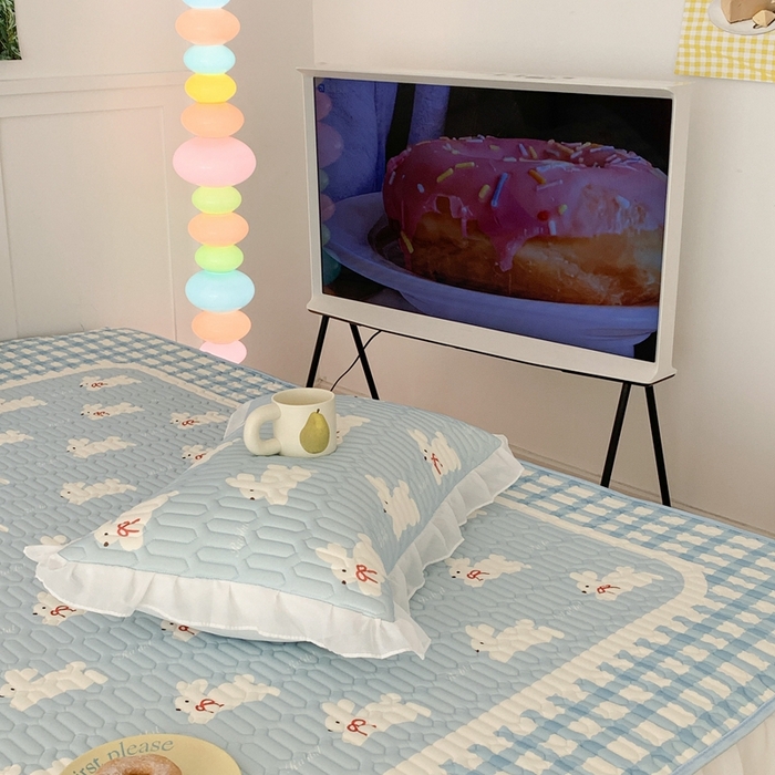 91家纺网 家纺一手货源 找家纺 昔可家纺 2023新款双层雪纺纱乳胶床裙 蝴蝶结小兔