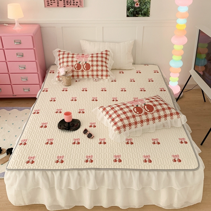 91家纺网 家纺一手货源 找家纺 昔可家纺 2023新款双层雪纺纱乳胶床裙 一口樱桃甜