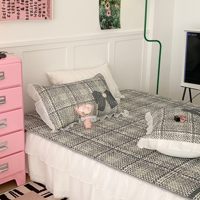 91家纺网 家纺一手货源 找家纺 昔可家纺 2023新款双层雪纺纱乳胶床裙 香香蝴蝶结