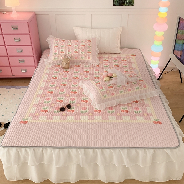 91家纺网 家纺一手货源 找家纺 昔可家纺 2023新款双层雪纺纱乳胶床裙 樱桃郁金香