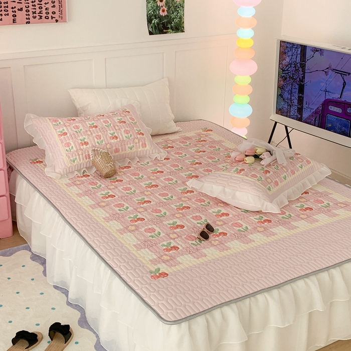 91家纺网 家纺一手货源 找家纺 昔可家纺 2023新款双层雪纺纱乳胶床裙 樱桃郁金香