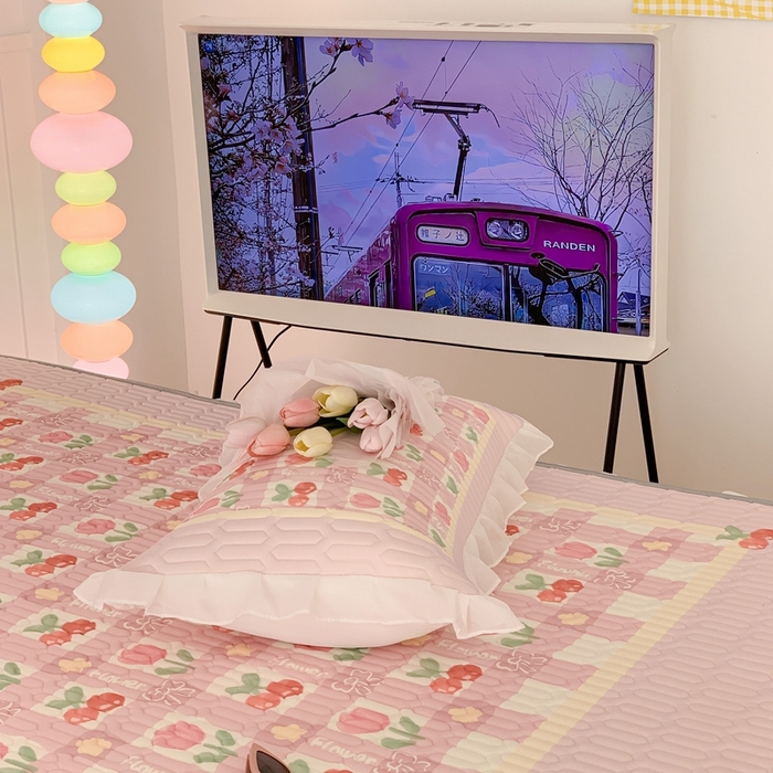 91家纺网 家纺一手货源 找家纺 昔可家纺 2023新款双层雪纺纱乳胶床裙 樱桃郁金香