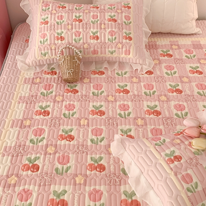 91家纺网 家纺一手货源 找家纺 昔可家纺 2023新款双层雪纺纱乳胶床裙 樱桃郁金香