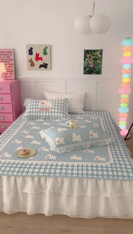 91家纺网 家纺一手货源 找家纺 昔可家纺 2023新款双层雪纺纱乳胶床裙 蝴蝶结小兔