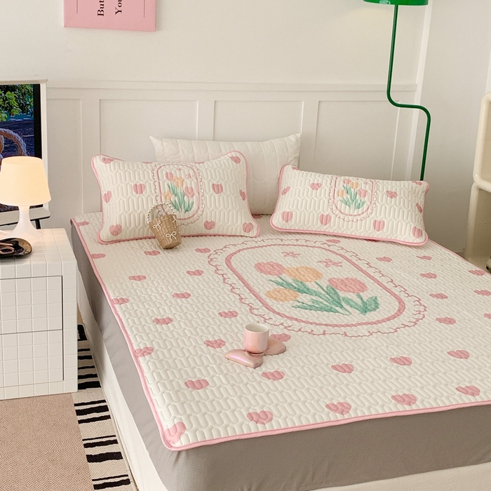 91家纺网 家纺一手货源 找家纺 昔可 2023新款床笠款乳胶凉席 粉爱心郁金香