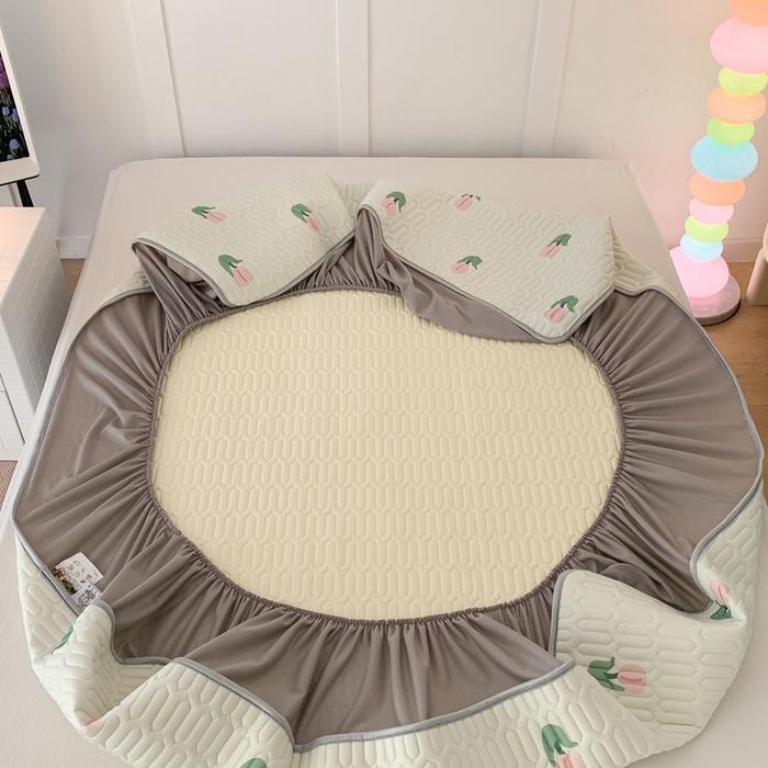 91家纺网 家纺一手货源 找家纺 昔可 2023新款床笠款乳胶凉席 淡绿底郁金香