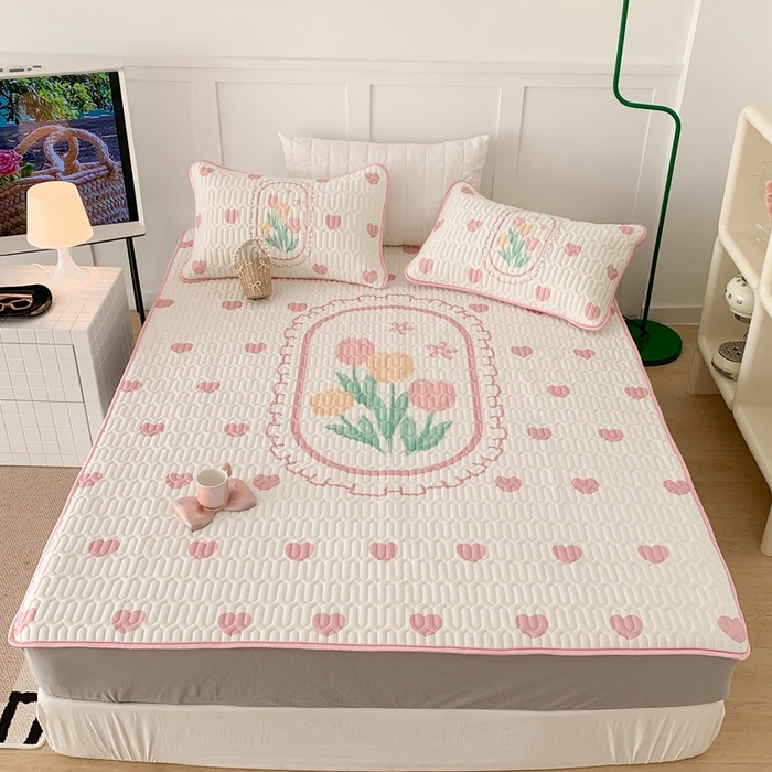 91家纺网 家纺一手货源 找家纺 昔可 2023新款床笠款乳胶凉席 粉爱心郁金香