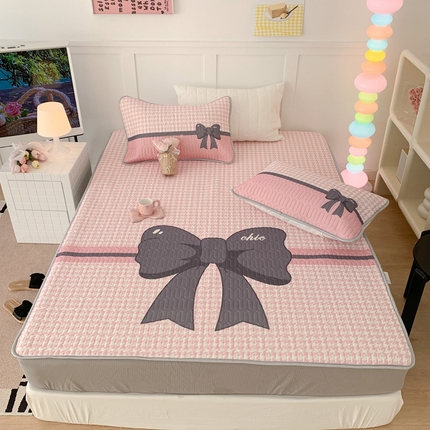 昔可 2023新款床笠款乳胶凉席 粉粉千鸟格