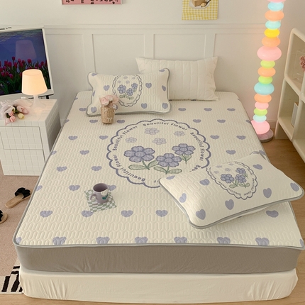 昔可 2023新款床笠款乳胶凉席 紫爱心小花朵