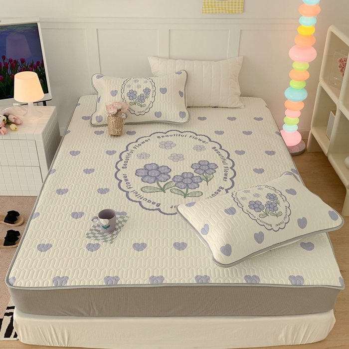 91家纺网 家纺一手货源 找家纺 昔可 2023新款床笠款乳胶凉席 紫爱心小花朵