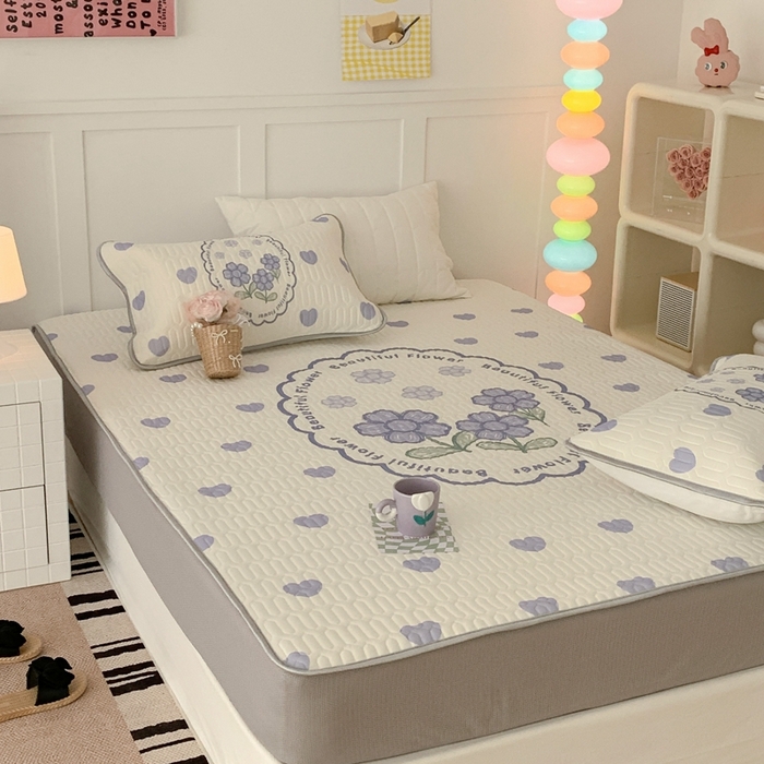 91家纺网 家纺一手货源 找家纺 昔可 2023新款床笠款乳胶凉席 紫爱心小花朵