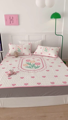 91家纺网 家纺一手货源 找家纺 昔可 2023新款床笠款乳胶凉席 粉爱心郁金香