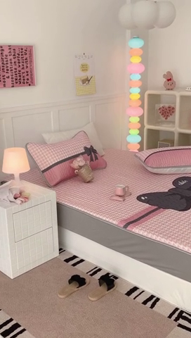 91家纺网 家纺一手货源 找家纺 昔可 2023新款床笠款乳胶凉席 粉粉千鸟格