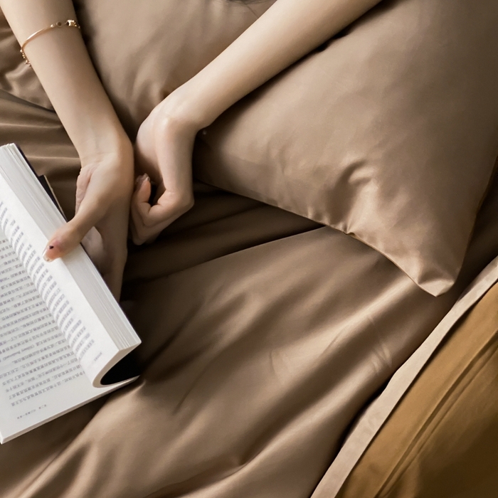 91家纺网 家纺一手货源 找家纺 梦享生活家居 2023新款100支长绒棉贡缎双拼四件套 焦糖棕