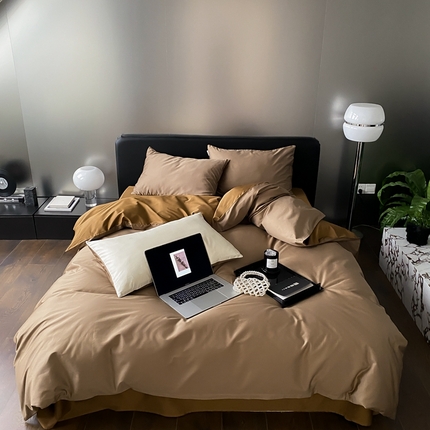 梦享生活家居 2023新款100支长绒棉贡缎双拼四件套 焦糖棕