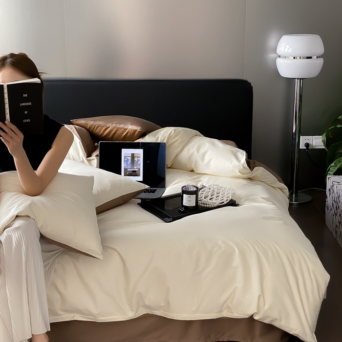 91家纺网 家纺一手货源 找家纺 梦享生活家居 2023新款100支长绒棉贡缎双拼四件套 奶咖