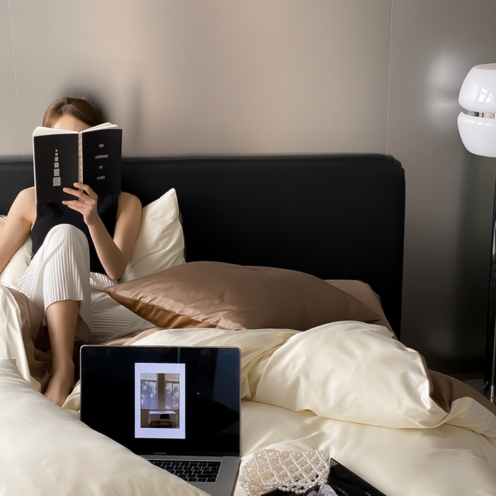 91家纺网 家纺一手货源 找家纺 梦享生活家居 2023新款100支长绒棉贡缎双拼四件套 奶咖