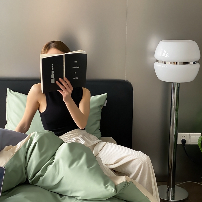 91家纺网 家纺一手货源 找家纺 梦享生活家居 2023新款100支长绒棉贡缎双拼四件套 竹青绿