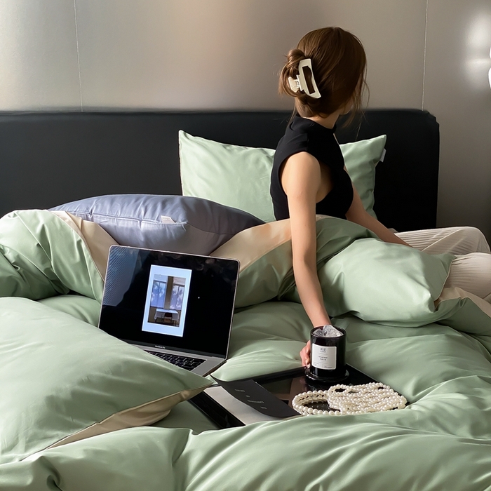 91家纺网 家纺一手货源 找家纺 梦享生活家居 2023新款100支长绒棉贡缎双拼四件套 竹青绿