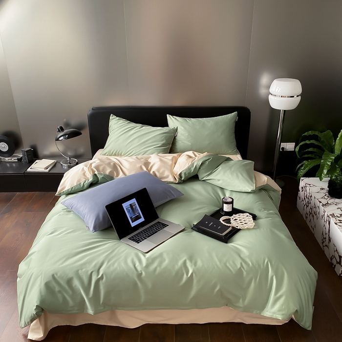 91家纺网 家纺一手货源 找家纺 梦享生活家居 2023新款100支长绒棉贡缎双拼四件套 竹青绿