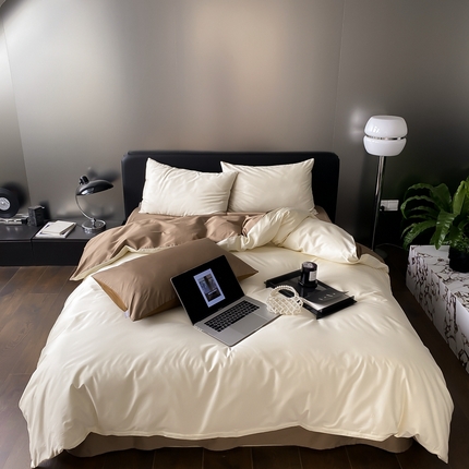 91家纺网 家纺一手货源 找家纺 梦享生活家居 2023新款100支长绒棉贡缎双拼四件套 奶咖