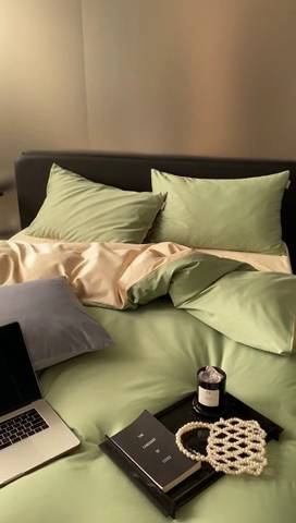 91家纺网 家纺一手货源 找家纺 梦享生活家居 2023新款100支长绒棉贡缎双拼四件套 竹青绿