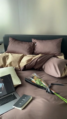 91家纺网 家纺一手货源 找家纺 梦享生活家居 2023新款100支长绒棉贡缎双拼四件套 摩卡棕