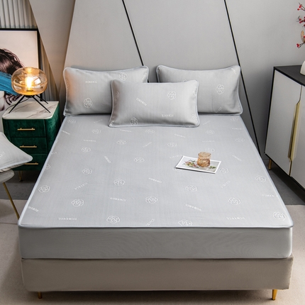 新款百分百冰感凉感床笠凉席三件套-玫瑰之约 灰色