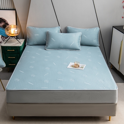 新款百分百冰感凉感床笠凉席三件套-玫瑰之约 蓝灰