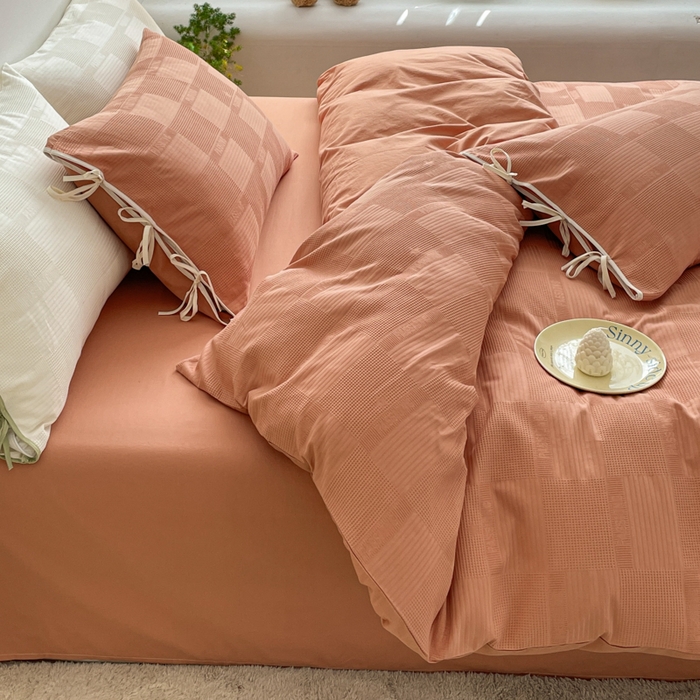 91家纺网 家纺一手货源 找家纺 玛奇朵 2023新品60S华夫格提花系带款-迪欧雅系列 迪欧雅-艾玛橙