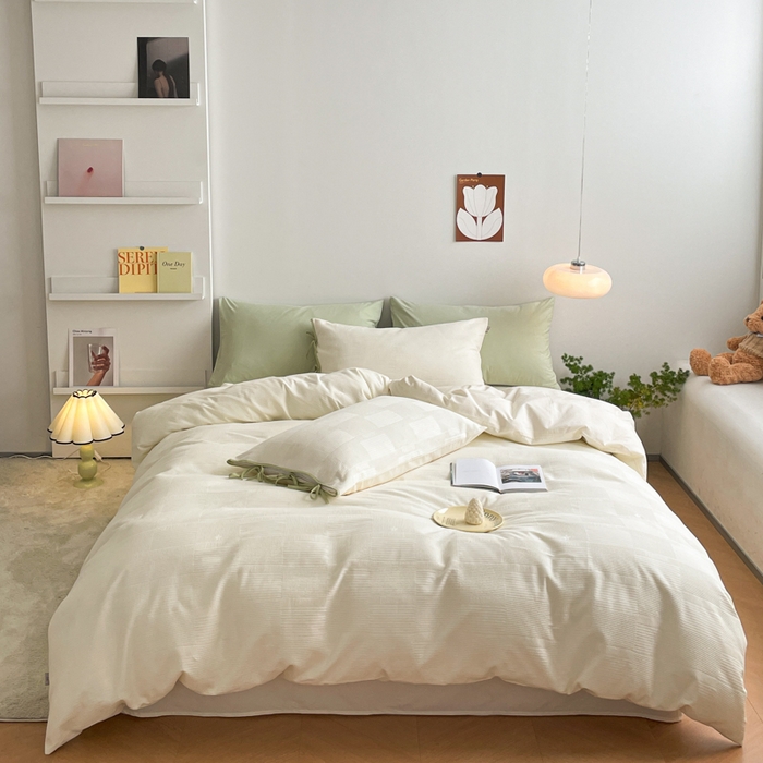 91家纺网 家纺一手货源 找家纺 玛奇朵 2023新品60S华夫格提花系带款-迪欧雅系列 迪欧雅-奶油白