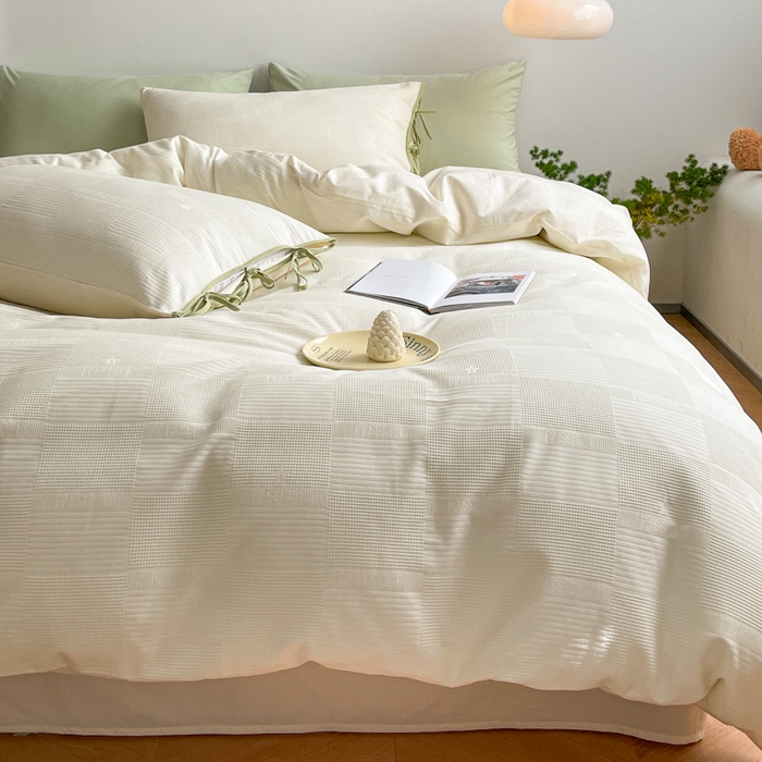 91家纺网 家纺一手货源 找家纺 玛奇朵 2023新品60S华夫格提花系带款-迪欧雅系列 迪欧雅-奶油白