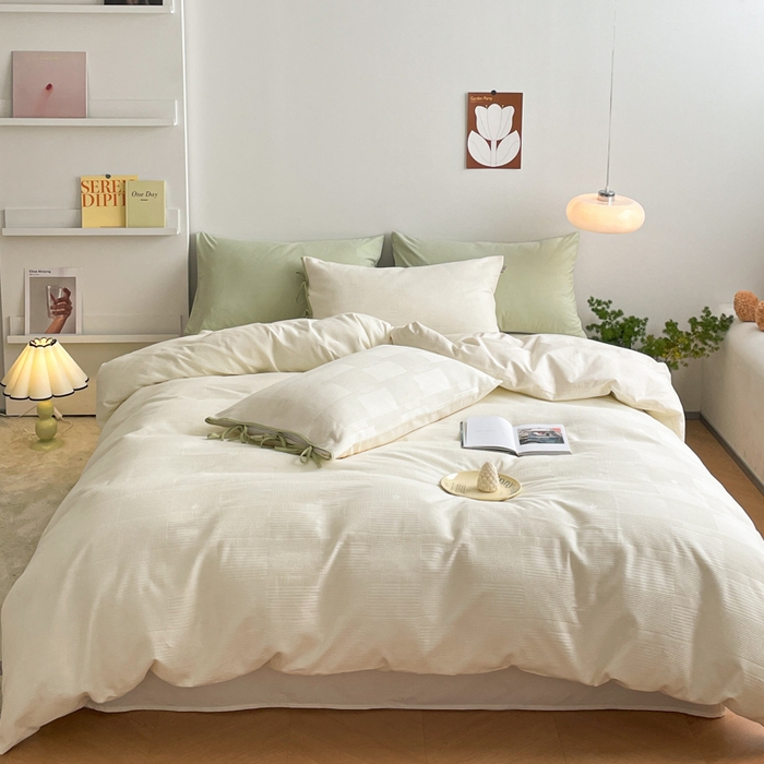 91家纺网 家纺一手货源 找家纺 玛奇朵 2023新品60S华夫格提花系带款-迪欧雅系列 迪欧雅-奶油白