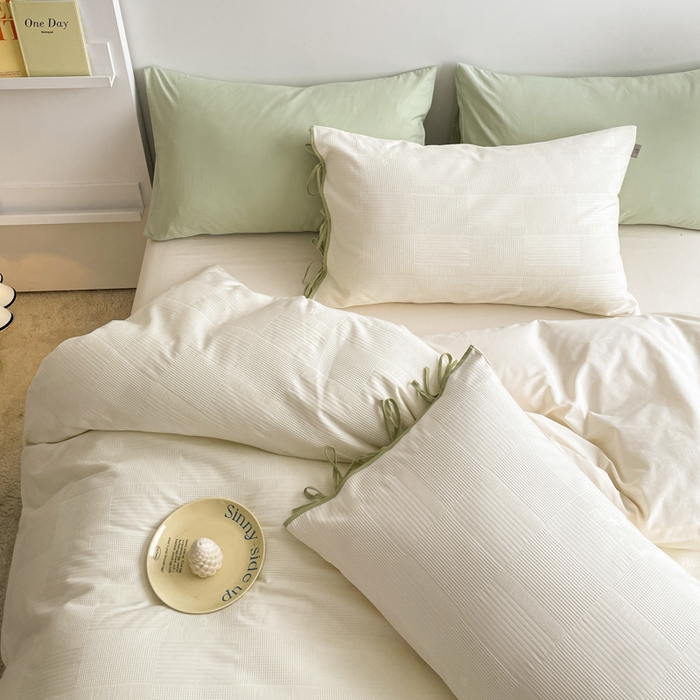 91家纺网 家纺一手货源 找家纺 玛奇朵 2023新品60S华夫格提花系带款-迪欧雅系列 迪欧雅-奶油白