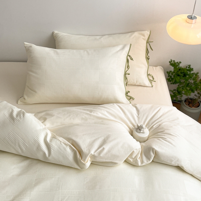 91家纺网 家纺一手货源 找家纺 玛奇朵 2023新品60S华夫格提花系带款-迪欧雅系列 迪欧雅-奶油白